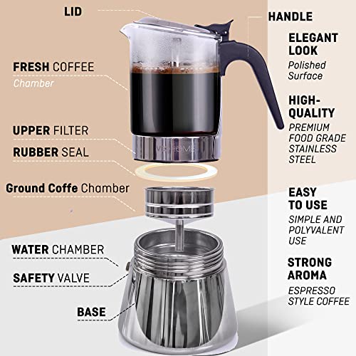 VeoHome-Cafetire-Italienne-en-verre-et-inox-360-ML--Cafetire-Moka-Induction-Gaz-Cramique-Style-Expresso--6-tasses-Sre-et-Lavable-au-Lave-Vaisselle-0-2