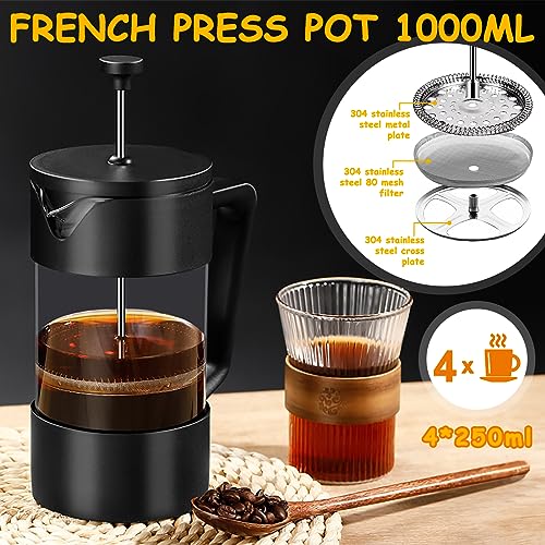 POWZOO-Cafetiere-a-Piston-French-Press-1000-ml-5-TassesCarafe-Francaise-pour-Cafe-Filtreverre-borosilicate-resistant-a-la-chaleur-Triple-Filtres-en-acier-inoxydableCafetieretheiere-Noir-0-0