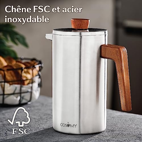 Cafetiere-a-Piston-Inox-1l-pour-5-Tasses-Double-Paroi-Isolante-Garde-le-cafe-chaud-Acier-Inoxydable-et-Bois-de-chene-FSC-0-1