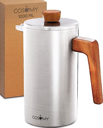 Cafetiere-a-Piston-Inox-1l-pour-5-Tasses-Double-Paroi-Isolante-Garde-le-cafe-chaud-Acier-Inoxydable-et-Bois-de-chene-FSC-0