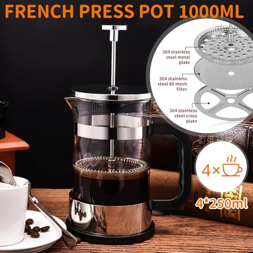 UCAMP-Cafetiere-A-Piston1000ml-Francais-Presse-Cafe-En-VerrePresse-A-Cafe-En-VerreCafetiere-A-Presse-FrancaiseTriple-Filtres-En-Acier-InoxydablePour-Cafe-Ou-TheEn-Voyage-Et-En-Cadeau-0-1
