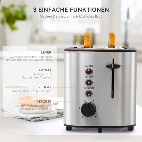 KitchenBoss-Grille-pain-2-Tranches-870-W-Grille-Pain-en-Acier-Inoxydable-avec-Grille-Rechauffe-Viennoiseries-et-Tiroir-Ramasse-Miettes-6-Niveaux-de-Brunissement-0-2