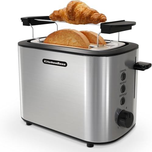 KitchenBoss-Grille-pain-2-Tranches-870-W-Grille-Pain-en-Acier-Inoxydable-avec-Grille-Rechauffe-Viennoiseries-et-Tiroir-Ramasse-Miettes-6-Niveaux-de-Brunissement-0