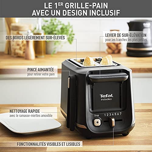 Tefal-Includeo-Grille-pain-2-fentes-Pinces-Magnetiques-Grandes-commandes-7-niveaux-de-dorage-Tiroir-ramasse-miettes-amovible-Fonction-surelevation-TT533811-Noir-0-2